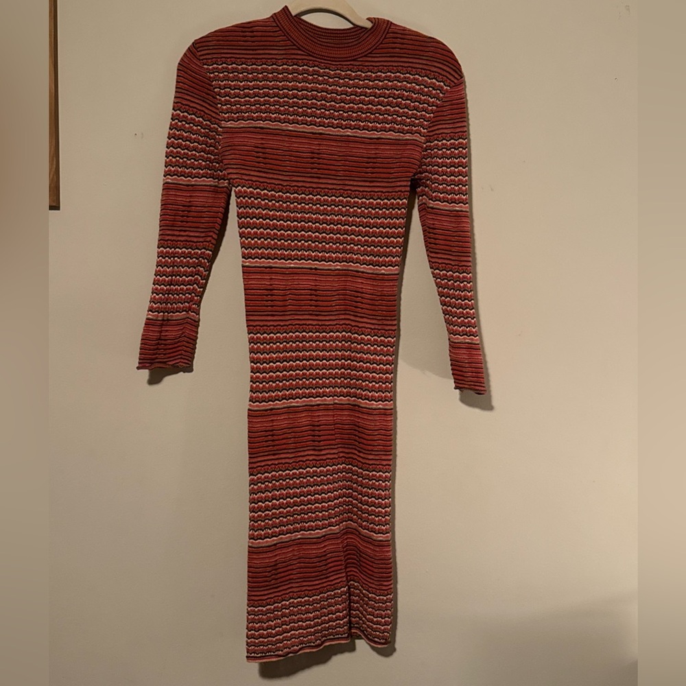 GUC Free People Red, Orange, Grey &White Crochet Long Sleeve Knit Dress